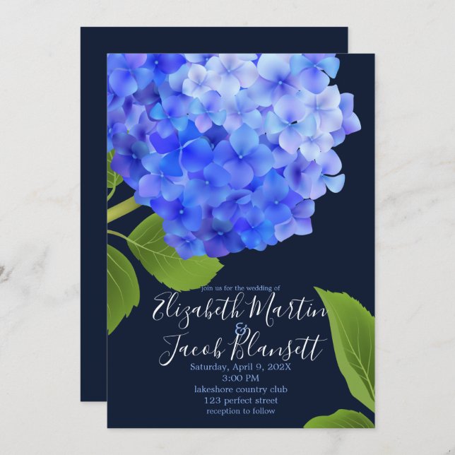 Invitation Aquarelle bleu Hydrangea Mariage (Devant / Derrière)