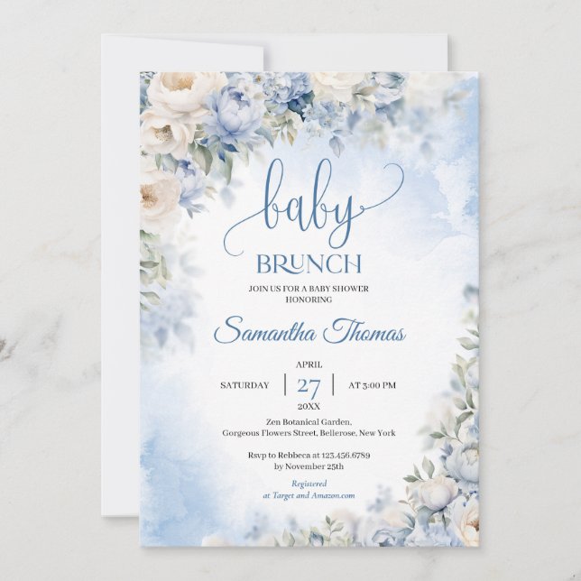 Invitation Aquarelle bleu hydrangée blanc roses bébé brunch (Devant)