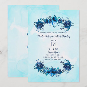 Invitation Aquarelle bleu Indigo Russe Floral Anniversaire