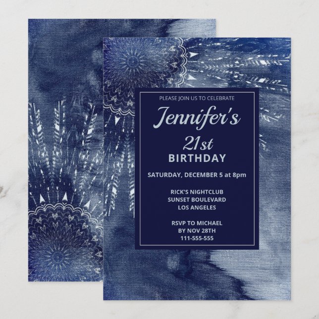Invitation Aquarelle bleu Mandala 21ème anniversaire Invitati (Devant / Derrière)