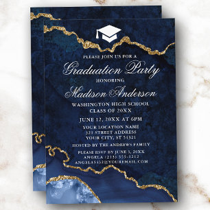 Invitation Aquarelle Bleu Marbre Or Agate Partie de graduatio