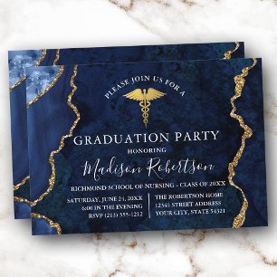 Invitation Aquarelle Bleu Marbre Or Médicale Grad Party