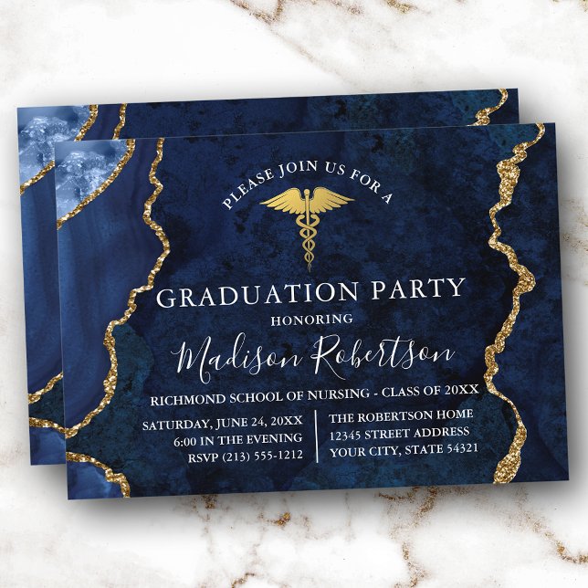 Invitation Aquarelle Bleu Marbre Or Médicale Grad Party (Customize to add text or a photo to back of card.)