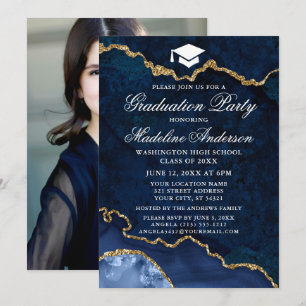 Invitation Aquarelle Bleu Marbre Partie de Graduation Photo