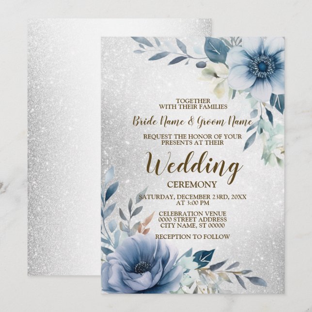 Invitation Aquarelle bleu mariage Fleurs d'Aquarelle argent (Devant / Derrière)