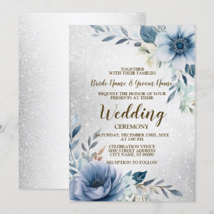 Invitation Aquarelle bleu mariage Fleurs d'Aquarelle argent