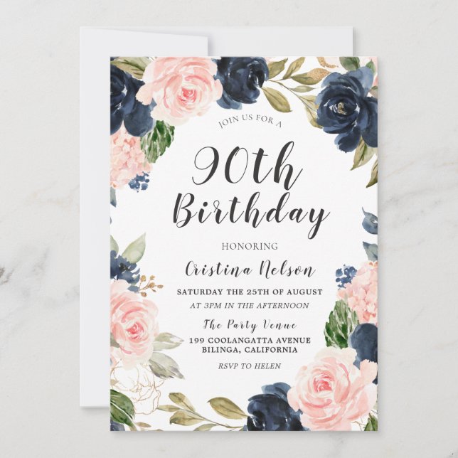 Invitation Aquarelle bleu marine 90e anniversaire (Devant)