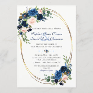 Invitation Aquarelle bleu marine bleu floral Mariage