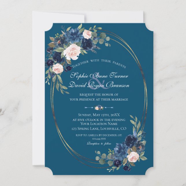 Invitation Aquarelle bleu marine Blush Flowers Mariage (Devant)