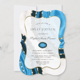 Invitation Aquarelle bleu marine de luxe Agates Sweet sixteen