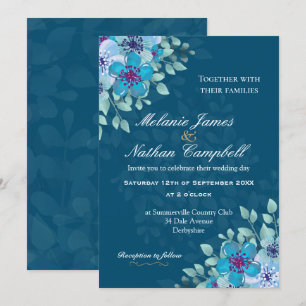 Invitation Aquarelle bleu marine et bleu clair Floral Élégant