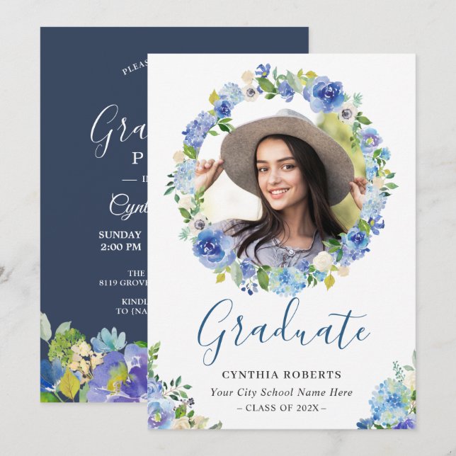 Invitation Aquarelle bleu marine Floral Wreath Photo des dipl (Devant / Derrière)