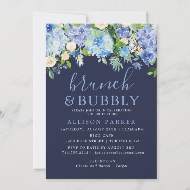 Invitation Aquarelle bleu marine Hydrangea Brunch & Bubbly (Devant)