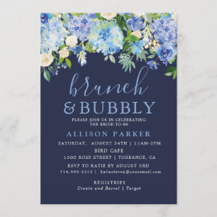 Invitation Aquarelle bleu marine Hydrangea Brunch & Bubbly