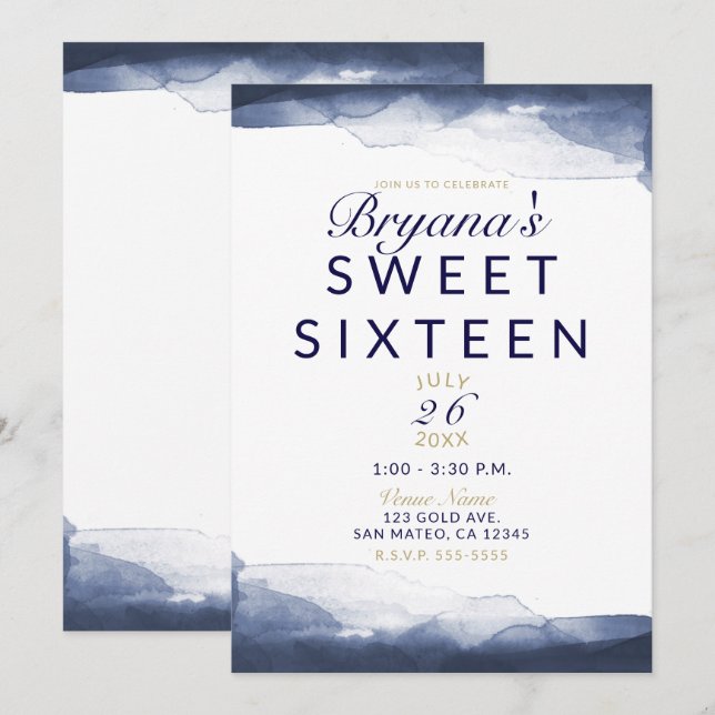Invitation Aquarelle bleu marine Moderne Chic Sweet 16 Party (Devant / Derrière)