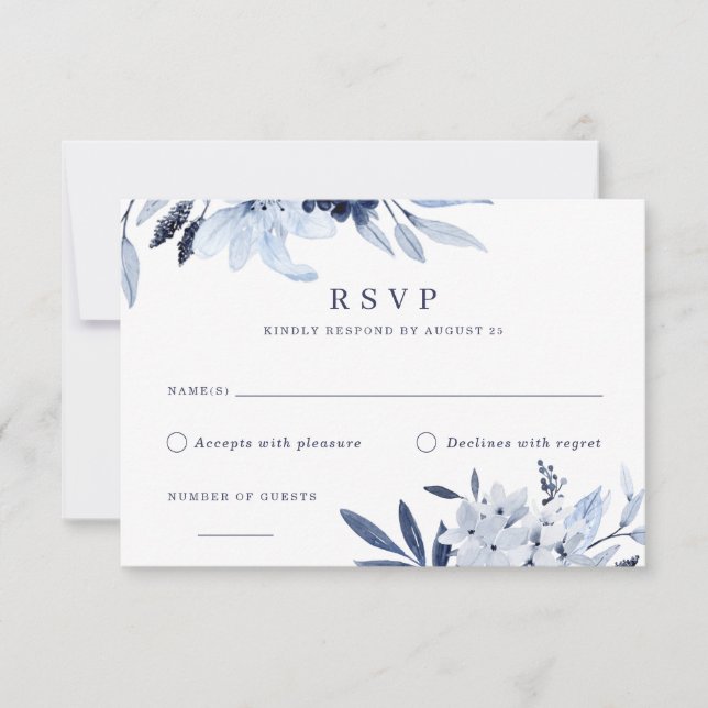Invitation Aquarelle bleu marine moderne réponse RSVP florale (Devant)