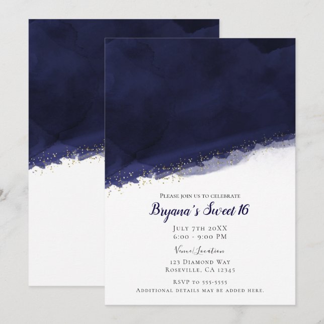 Invitation Aquarelle bleu marine & or Moderne Chic Sweet 16 (Devant / Derrière)