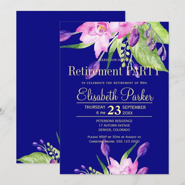 Invitation Aquarelle bleu marine rose pâle fête de retraite f (Devant / Derrière)