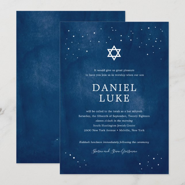 Invitation Aquarelle bleu marine Stress Night Bar Mitzvah (Devant / Derrière)