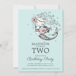 Invitation Aquarelle bleu mignonne sirène 2e anniversaire