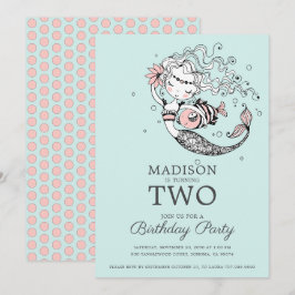 Invitation Aquarelle bleu mignonne sirène 2e anniversaire