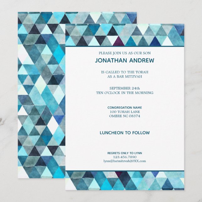 Invitation Aquarelle bleu moderne Barre Abstraite Mitzvah (Devant / Derrière)