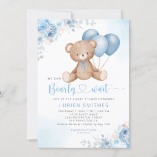 Invitation Aquarelle bleu moderne Boho Teddy Bear Baby shower