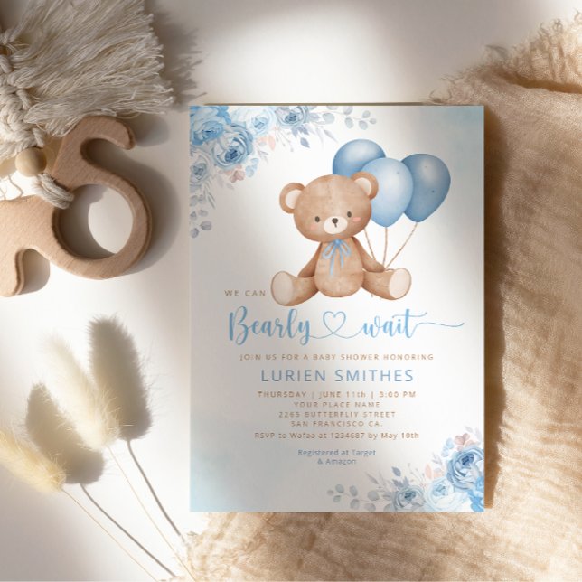 Invitation Aquarelle bleu moderne Boho Teddy Bear Baby shower (Créateur téléchargé)