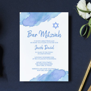 Invitation Aquarelle bleu moderne étoile de David BAR MITZVAH