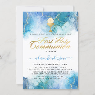Invitation Aquarelle bleu moderne Garçon première communion s
