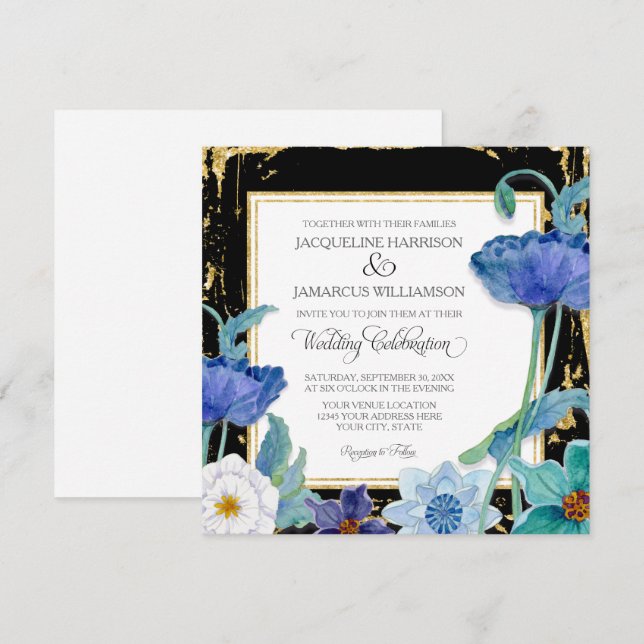 Invitation Aquarelle bleu noir et blanc Cadre or Floral (Devant / Derrière)
