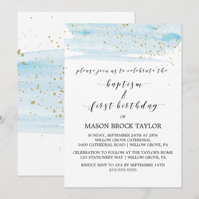 Invitation Aquarelle Bleu & Or Baptême & 1er anniversaire (Devant / Derrière)