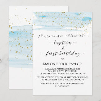 Invitation Aquarelle Bleu & Or Baptême & 1er anniversaire