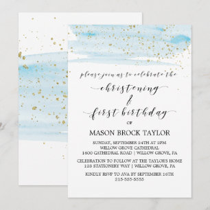 Invitation Aquarelle Bleu & Or Christening & 1er Anniversaire