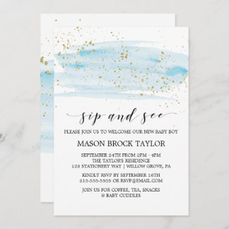 Invitation Aquarelle Bleu & Or Éperche Sip et voir