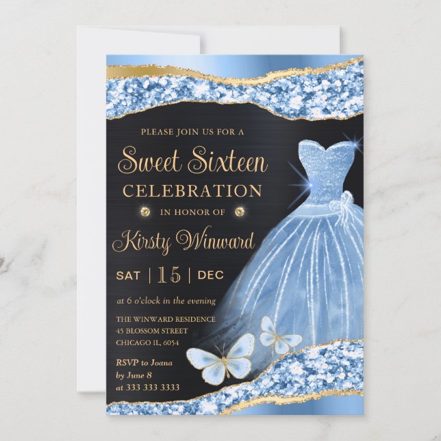 Invitation Aquarelle Bleu & Or Parties scintillant robe Sweet (Devant)