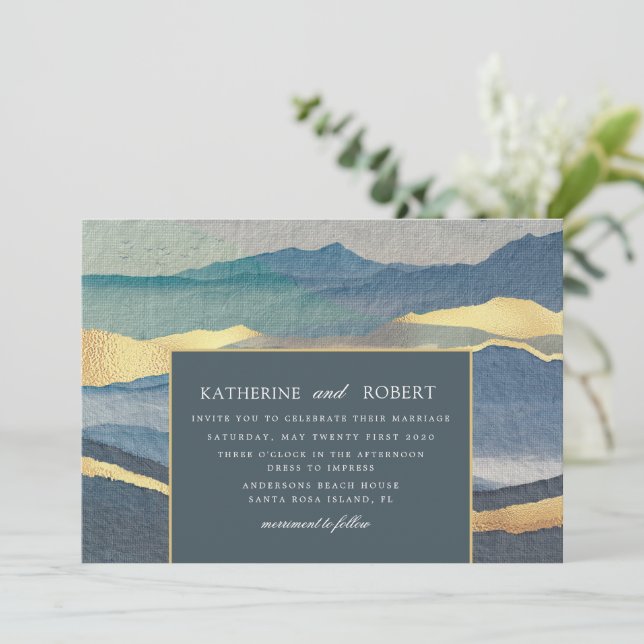 Invitation aquarelle bleu or paysage mariage (Debout devant)