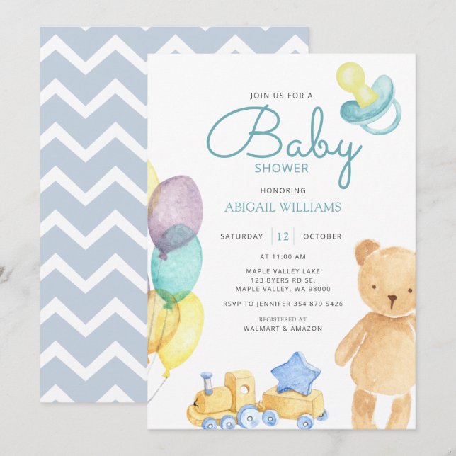 Invitation Aquarelle Bleu Ours & Balloon - Baby shower mignon (Devant / Derrière)