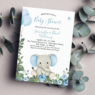Invitation Aquarelle bleu outremer Baby shower Eléphant migno