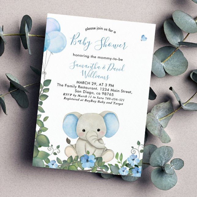 Invitation Aquarelle bleu outremer Baby shower Eléphant migno (Créateur téléchargé)