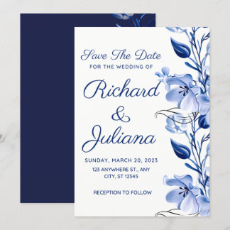 Invitation aquarelle bleu pâle floral bleu marine bleu mariag