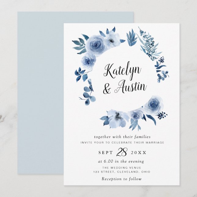 Invitation Aquarelle bleu pâle mariage (Devant / Derrière)