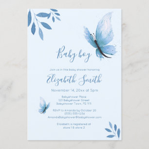 Invitation Aquarelle bleu papillon fleuri babyshower