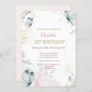 Invitation Aquarelle Bleu Papillons Pink Striday