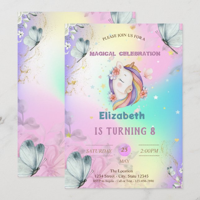 Invitation Aquarelle Bleu Papillons Unicorne Holographique (Devant / Derrière)
