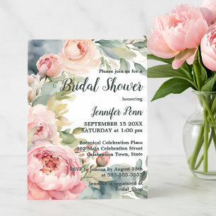 Invitation Aquarelle Bleu Pink Peonies Fête des mariées cadre