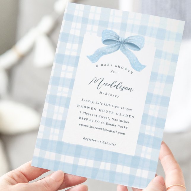 Invitation Aquarelle bleu plaid et Baby shower de fond (Darling Watercolor plaid with bow for Baby Boy Shower.)