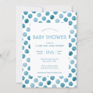 Invitation Aquarelle bleu Polka Baby shower mignon