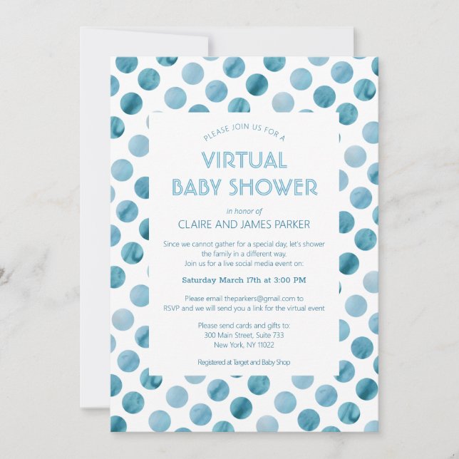 Invitation Aquarelle bleu Polka Baby shower virtuel (Devant)