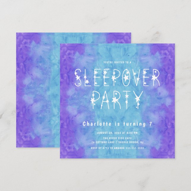 Invitation Aquarelle bleu pourpre Étoile Filles Étoiles Sleep (Devant / Derrière)